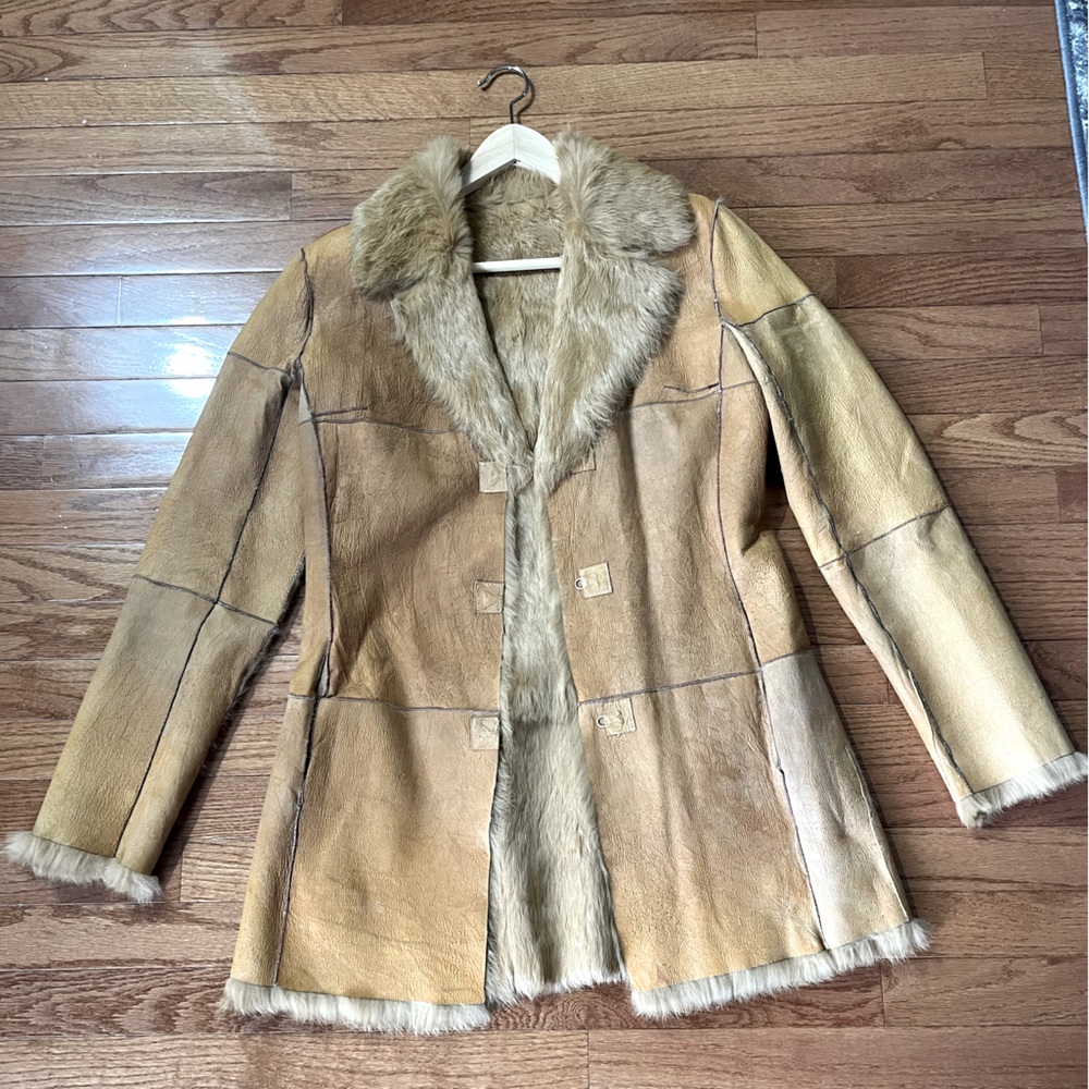 VINTAGE Tan Leather and Fur Coat